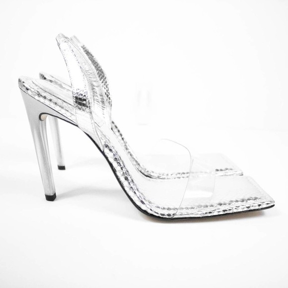 Good American Silver Strappy Open Toe High Heels Square Toe Snake Women Size 10 - Picture 2 of 6
